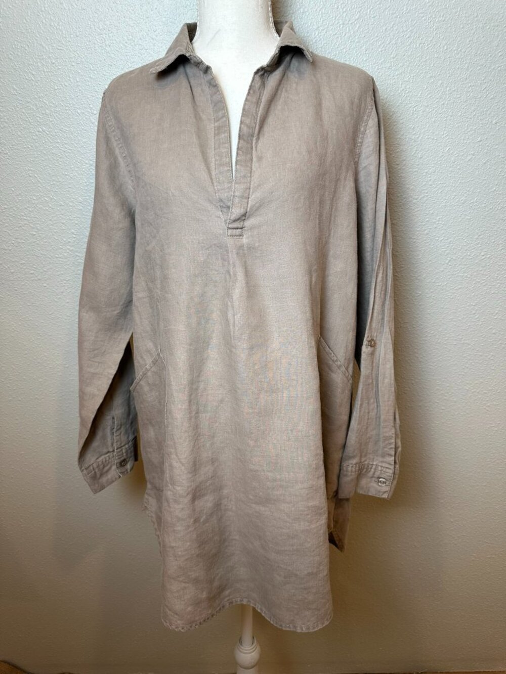For Cynthia 100% Linen Tunic Popover Top Pockets M Neutral Lagenlook
